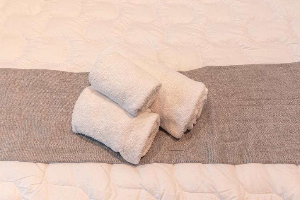 Dettaglio di una camera a Roma con tovaglie per bagno piegate sul letto